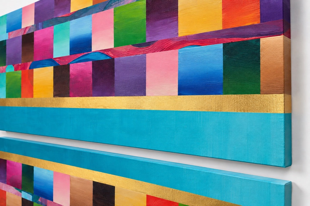 Close-up of Elsewhere by Eugenia Serrano showing painted color blocks, gold lines and turquoise bands on the canvas edge