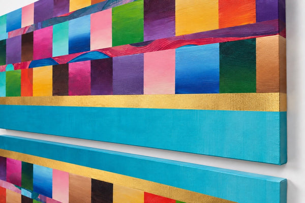 Close-up of Elsewhere by Eugenia Serrano showing painted color blocks, gold lines and turquoise bands on the canvas edge