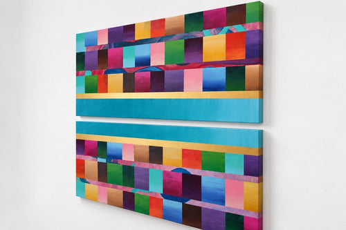 Angled view of Elsewhere, a colorful abstract acrylic diptych by Eugenia Serrano