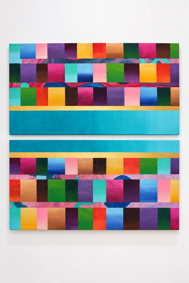 Elsewhere, a colorful abstract diptych by Eugenia Serrano: two horizontal acrylic canvases hung one above the other